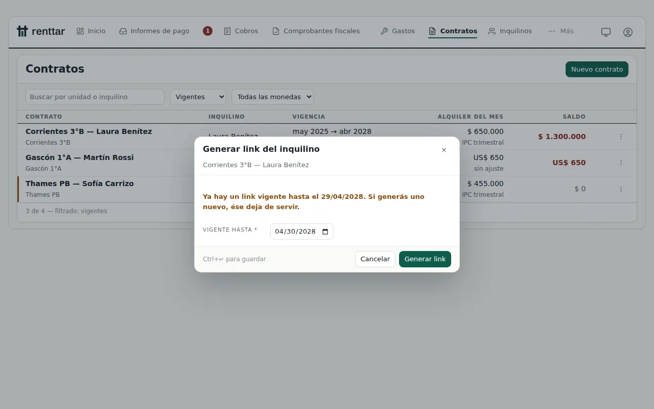 La ventana para generar el link del inquilino