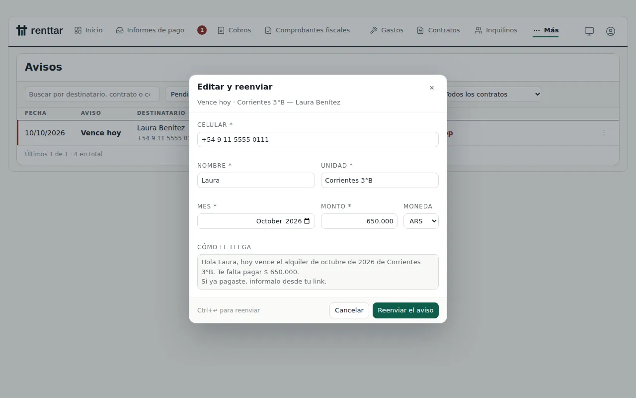 La ventana para editar y reenviar un aviso