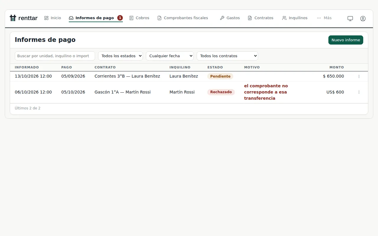 La lista de informes de pago